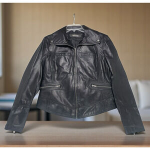 Kenneth Cole Reaction 100% Black Leather Moto Jacket Womens Sz L Iconic Timeless